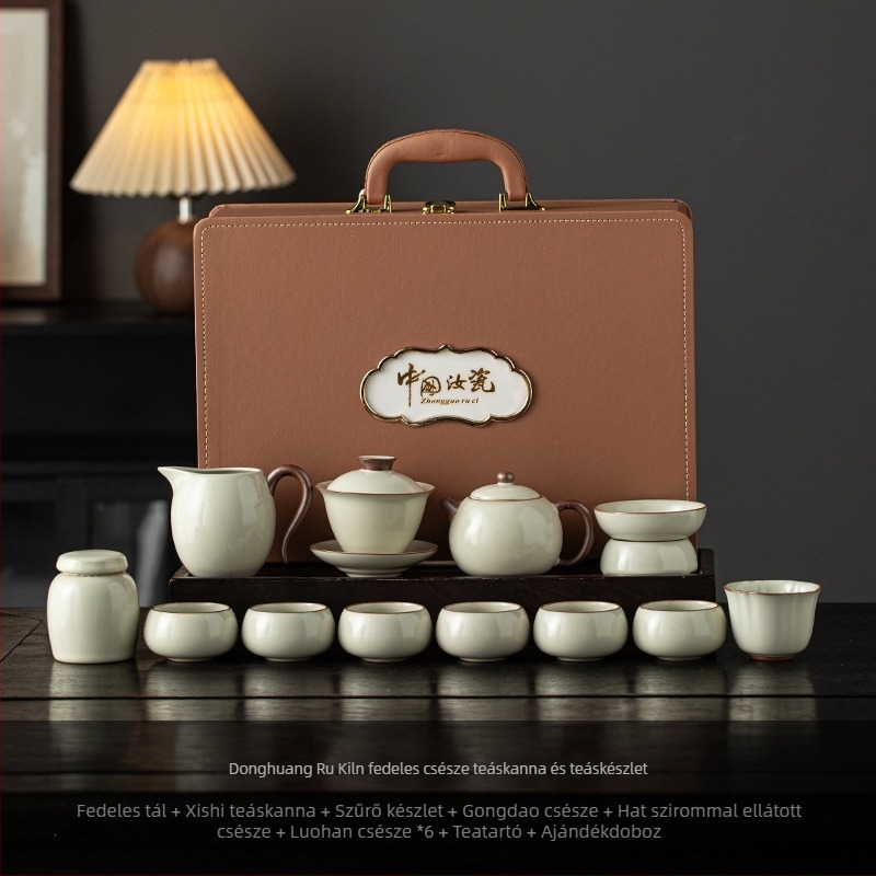 Beige Ruyao Kung Fu porcelán teáskészlet: teáskanna és teáscsészék, kis otthoni készlet, új prémium tea ajándékdoboz