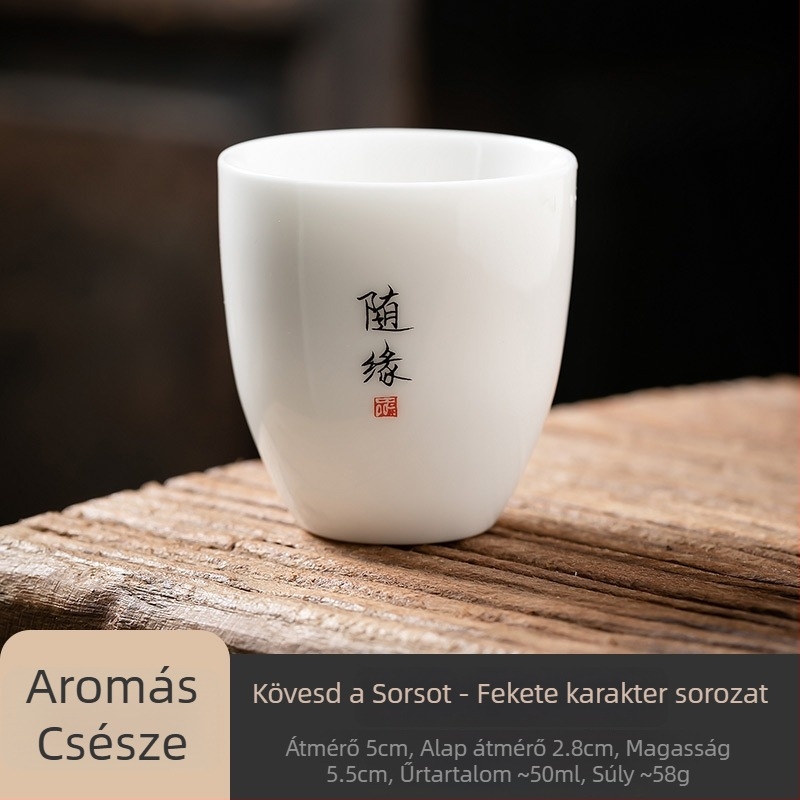 Fehér porcelán teáscsésze Gongfu teaceremóniához, Zen ihletésű kis személyes teáscsésze logóval