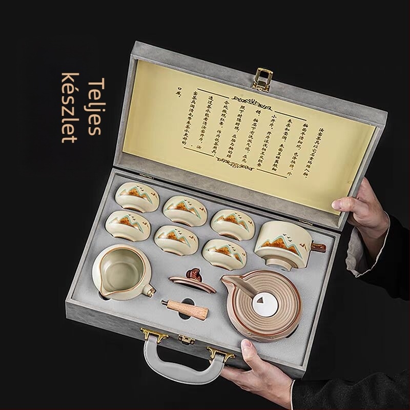 Ru Kiln automata teáskészlet otthonra, kényelmes tea készítés, kőmalommal ellátott forgó teáskanna és csésze, luxus teáskészlet ajándékdobozban