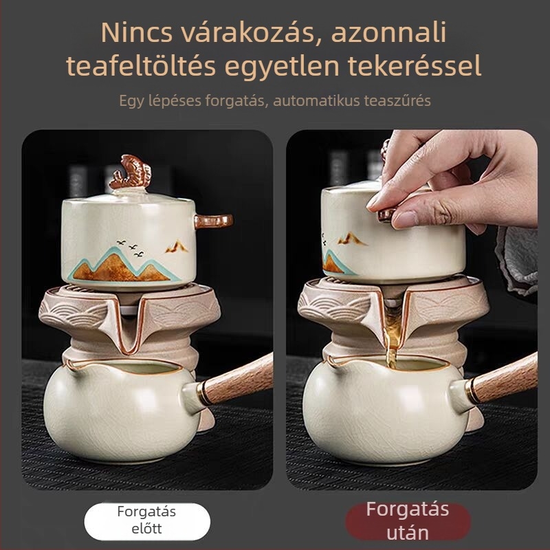Ru Kiln automata teáskészlet otthonra, kényelmes tea készítés, kőmalommal ellátott forgó teáskanna és csésze, luxus teáskészlet ajándékdobozban