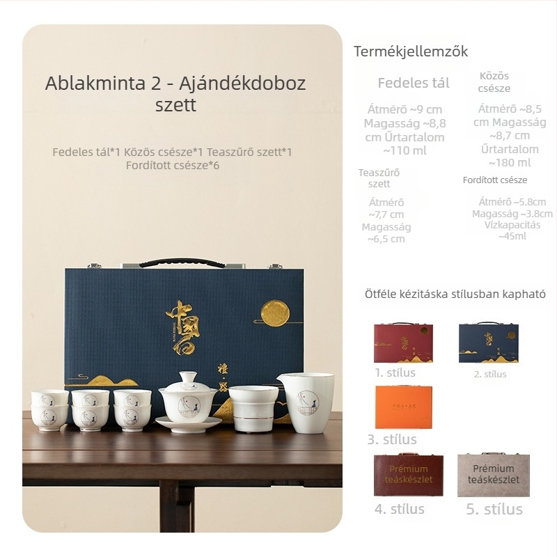 Fehér porcelán Kung Fu teáskészlet fedővel, modern egységes stílusban, dobozban, 6 fő részére