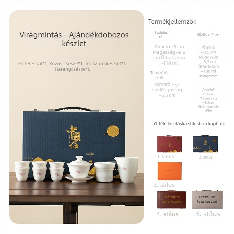 Fehér porcelán Kung Fu teáskészlet fedővel, modern egységes stílusban, dobozban, 6 fő részére