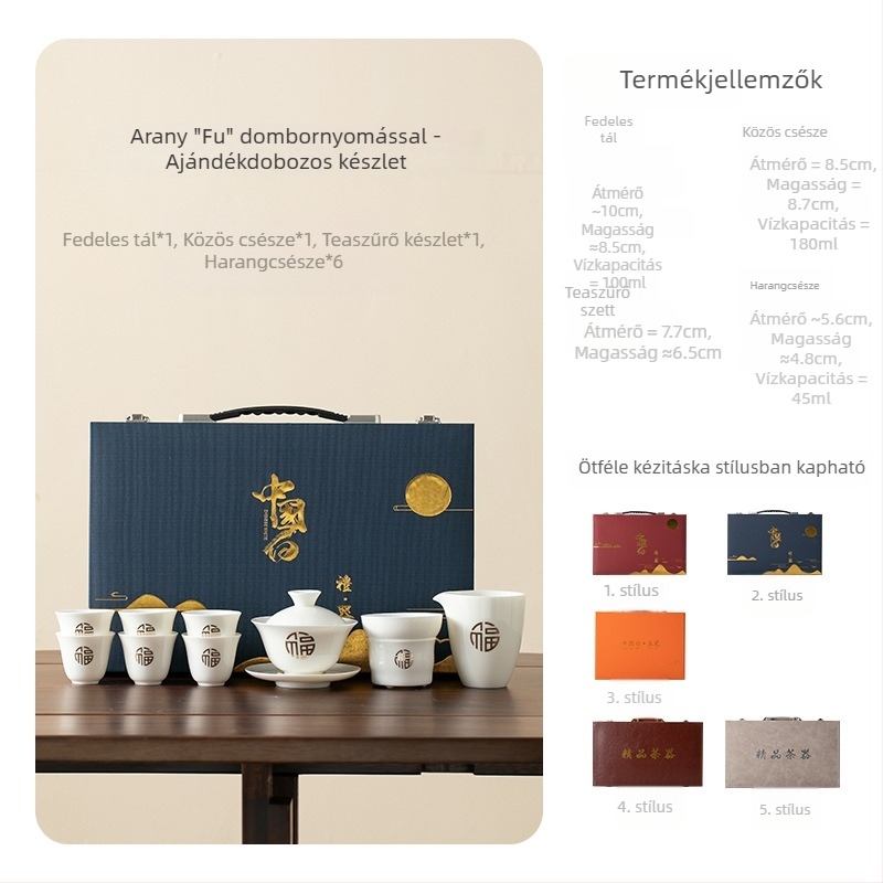 Fehér porcelán Kung Fu teáskészlet fedővel, modern egységes stílusban, dobozban, 6 fő részére