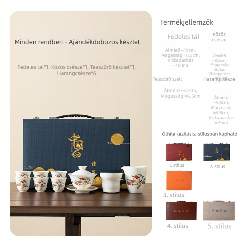 Fehér porcelán Kung Fu teáskészlet fedővel, modern egységes stílusban, dobozban, 6 fő részére