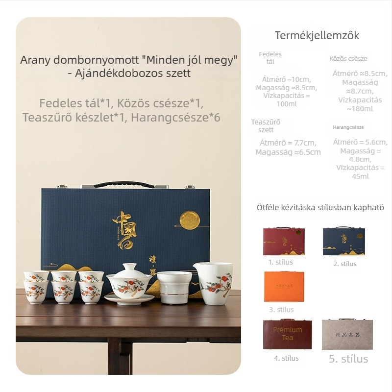 Fehér porcelán Kung Fu teáskészlet fedővel, modern egységes stílusban, dobozban, 6 fő részére