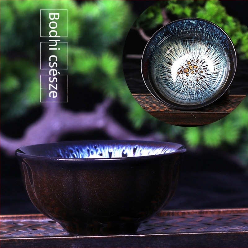 Porcelán Jian Zhan teáscsésze Sand-Gold Kiln-Change glazúrral és Tianmu glazúrral, kalap alakú, egy darab