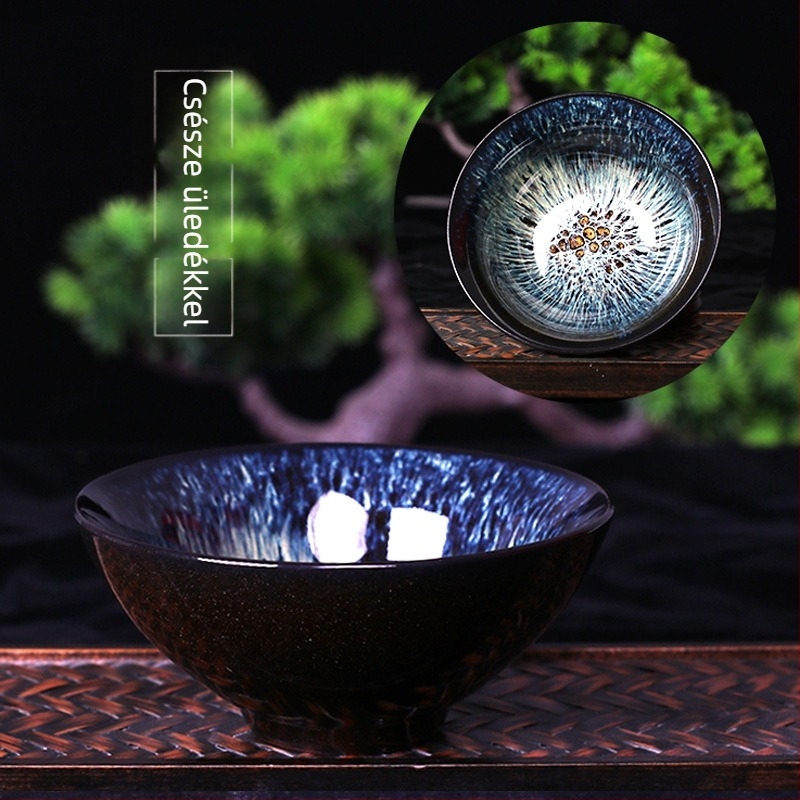 Porcelán Jian Zhan teáscsésze Sand-Gold Kiln-Change glazúrral és Tianmu glazúrral, kalap alakú, egy darab
