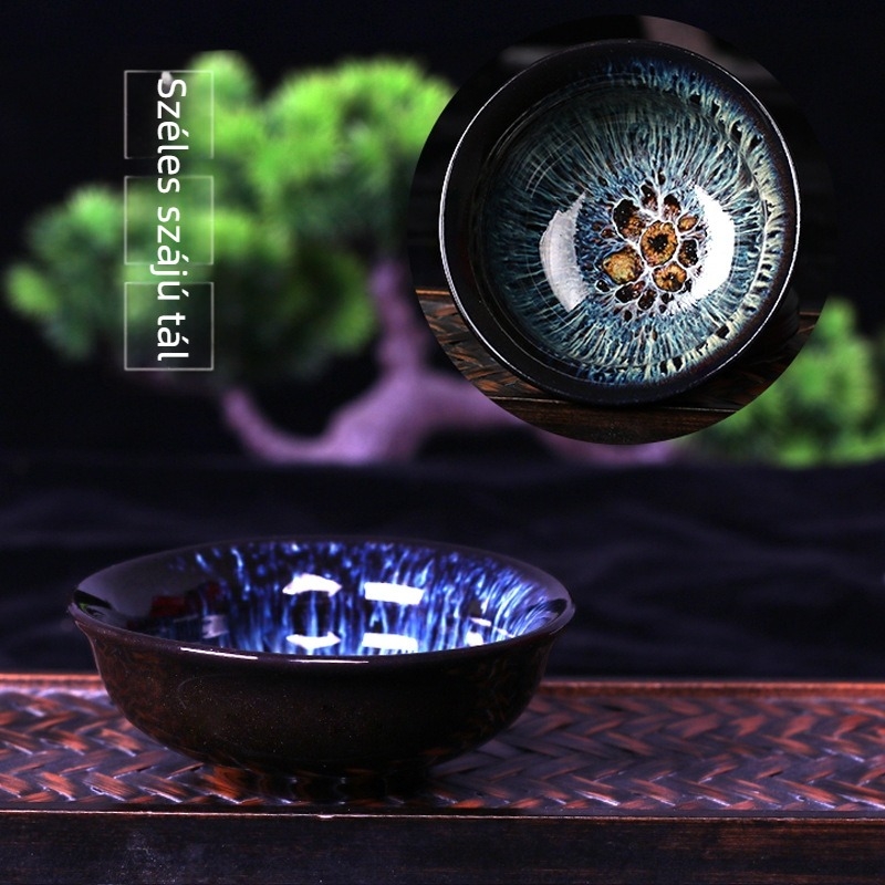 Porcelán Jian Zhan teáscsésze Sand-Gold Kiln-Change glazúrral és Tianmu glazúrral, kalap alakú, egy darab