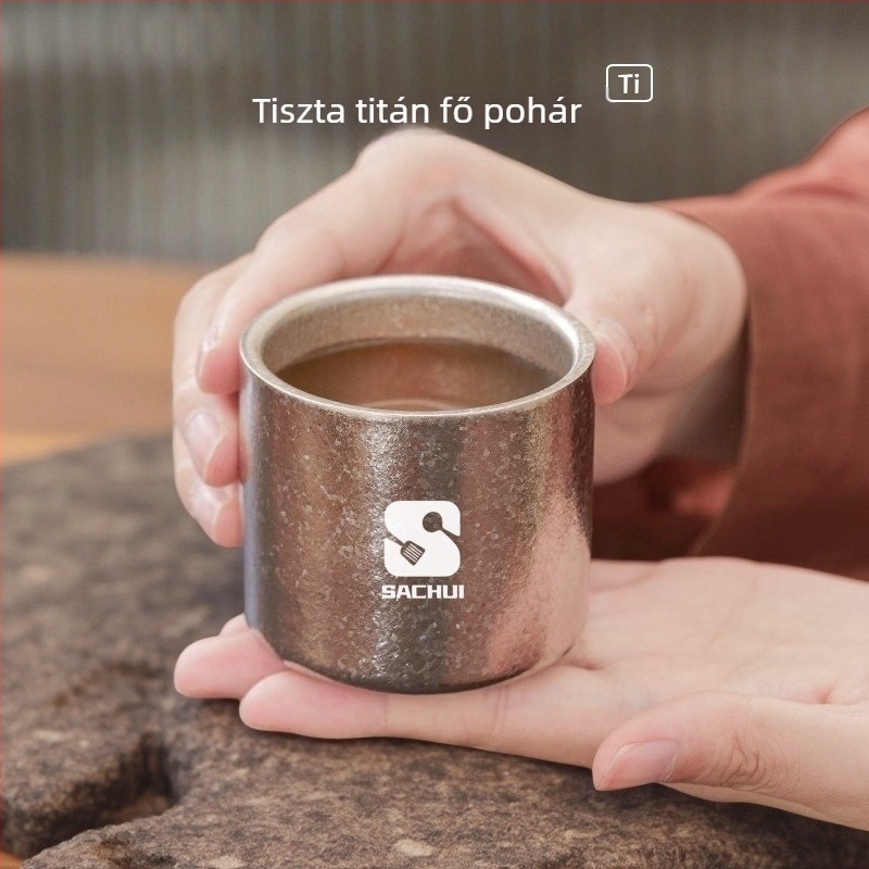 Tiszta titánium teáscsésze, dupla falú, Gongfu stílusú, kültéri kempingezéshez