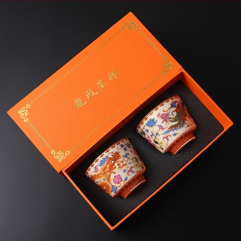 Gongfu teáscsészék zománcozott porcelánból – pár sárkány és főnix