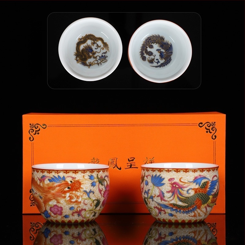 Gongfu teáscsészék zománcozott porcelánból – pár sárkány és főnix