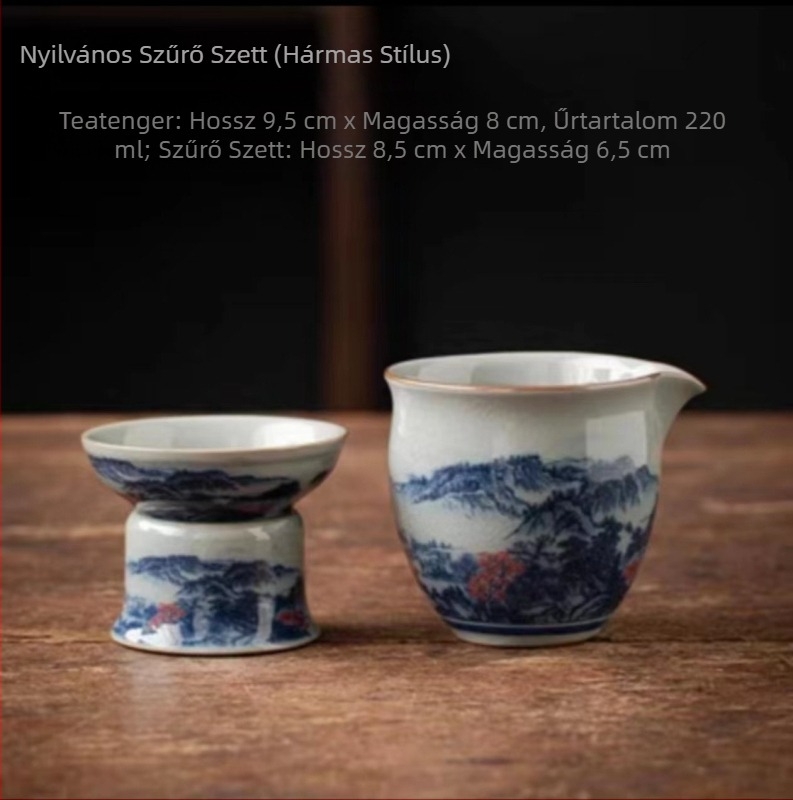 Nagy méretű kék-fehér porcelán teás kiegészítő készlet, egyenlítő teáscsészével, teázó tálcával és teás adagolóval (retro stílus).