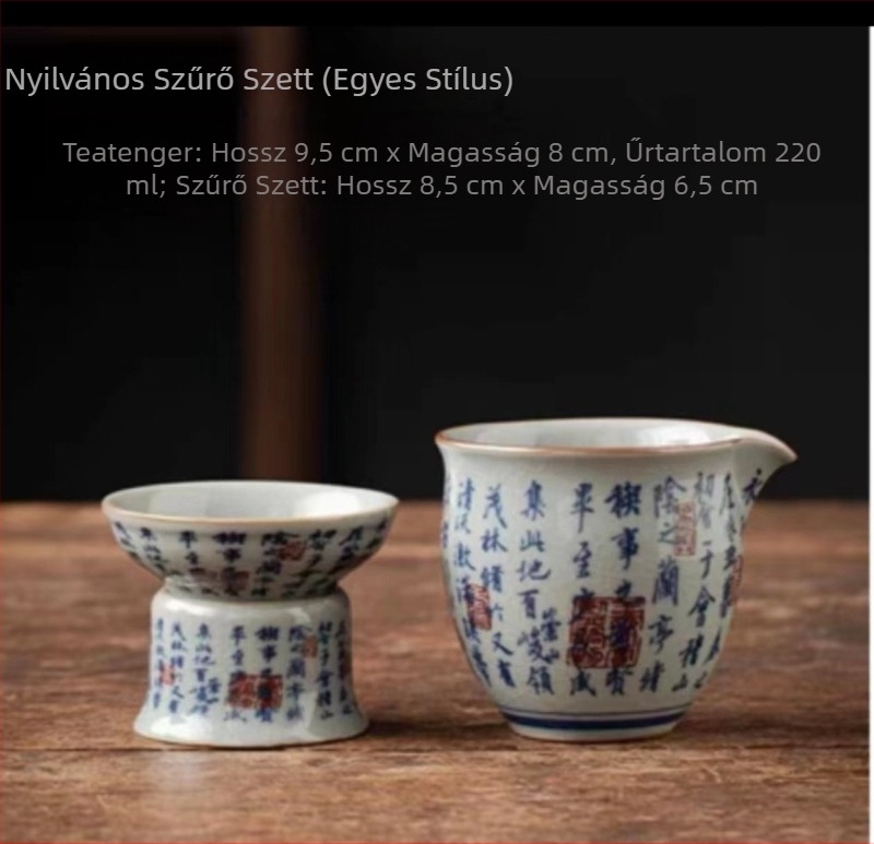 Nagy méretű kék-fehér porcelán teás kiegészítő készlet, egyenlítő teáscsészével, teázó tálcával és teás adagolóval (retro stílus).
