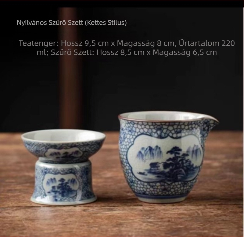 Nagy méretű kék-fehér porcelán teás kiegészítő készlet, egyenlítő teáscsészével, teázó tálcával és teás adagolóval (retro stílus).