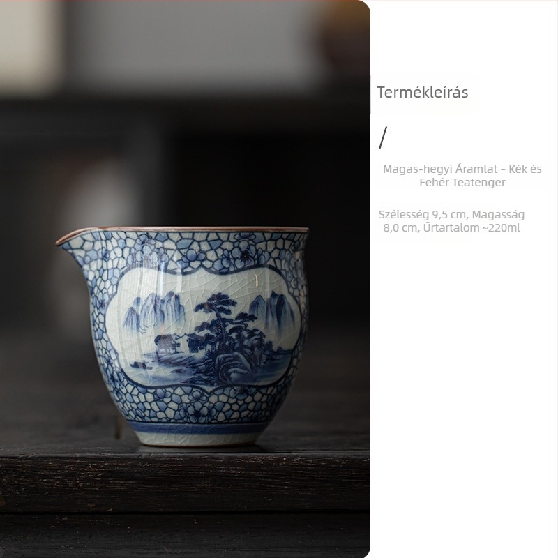 Nagy méretű kék-fehér porcelán teás kiegészítő készlet, egyenlítő teáscsészével, teázó tálcával és teás adagolóval (retro stílus).
