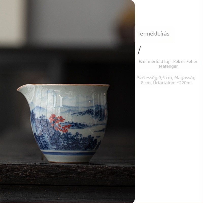 Nagy méretű kék-fehér porcelán teás kiegészítő készlet, egyenlítő teáscsészével, teázó tálcával és teás adagolóval (retro stílus).
