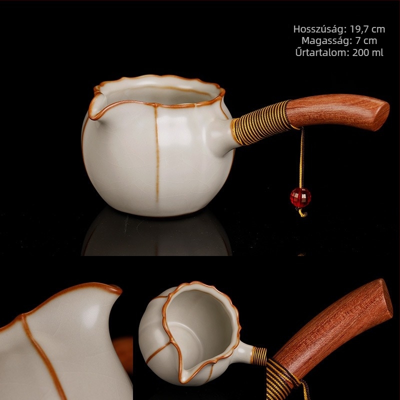 Ru porcelánból készült crackle-glazúros igazságos csésze öntőedény és külön adagos pohár – otthoni teaceremónia tartozékai