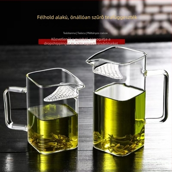 Magas hőállóságú boroszilikátüveg, négyszögletes félhold alakú teáscsésze zöld teához, vastag kivitelű, tea szeparátor, háztartási használatra