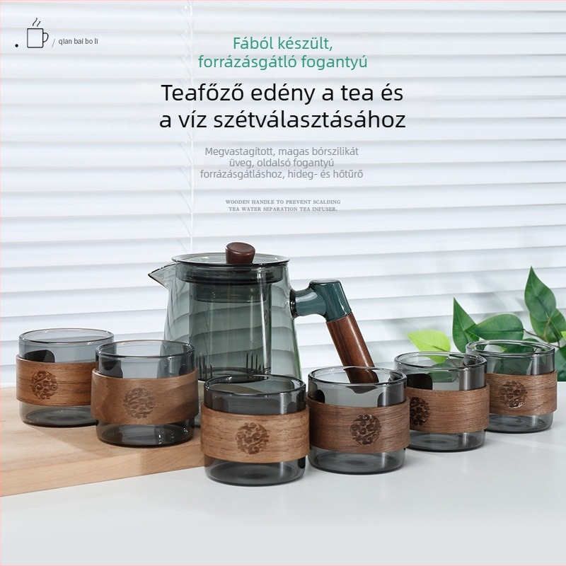 600 ml-es víz–tea elválasztó teáskanna, magas hőállóságú, fa fogantyúval, nagy kapacitású virágtea