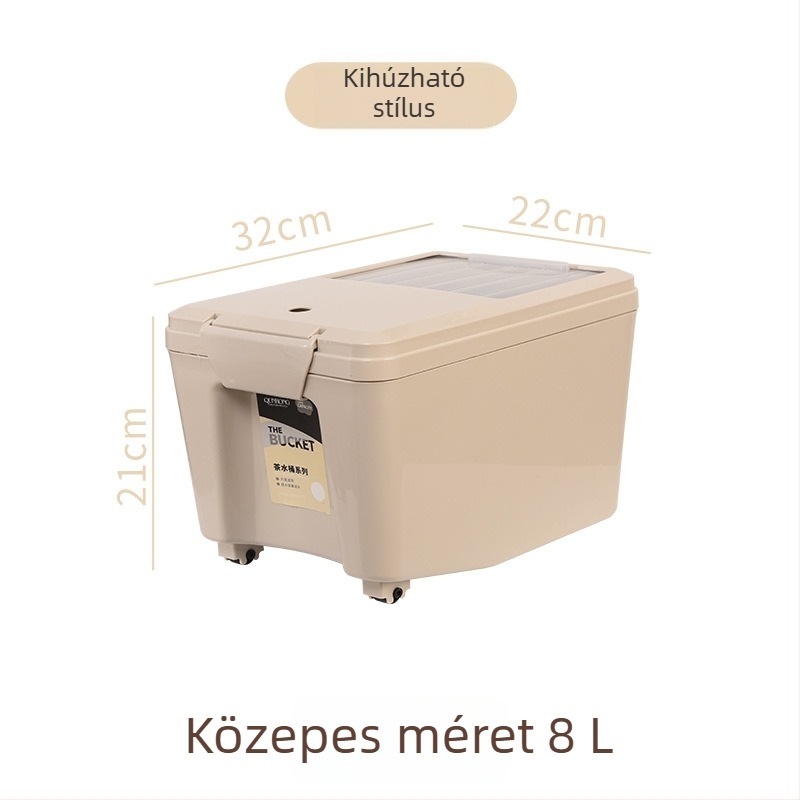 Műanyag négyzet alakú teás vödör fedéllel és szűrővel, háztartási használatra, toló- és leeresztő mechanizmussal