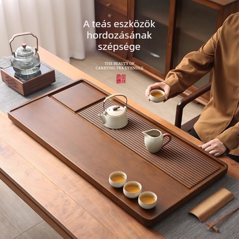 Tömörfa teás tálca, téglalap alakú, Gongfu-stílusú teakészítő asztal állvánnyal, otthoni használatra