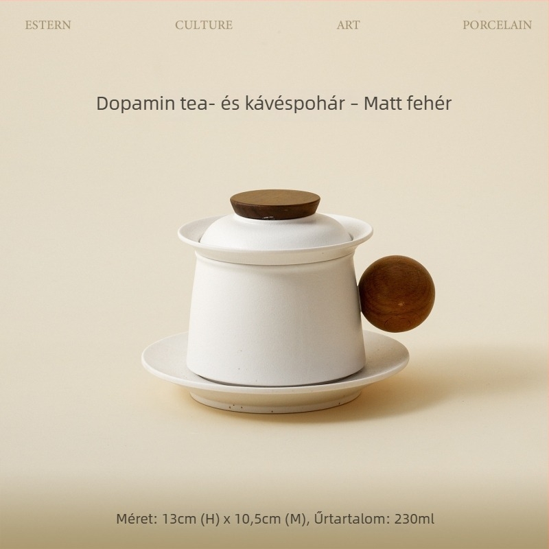 Rustikális porcelán tea- és kávéscsésze tetővel, fa fogantyúval és szűrővel – személyes használatra, prémium teához és kávéhoz