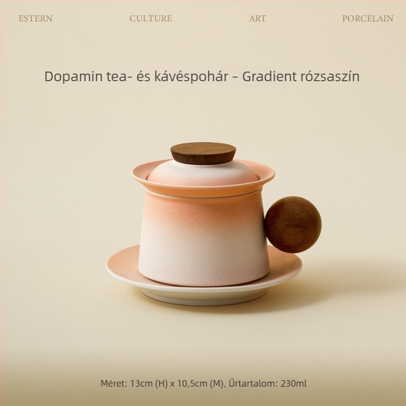 Rustikális porcelán tea- és kávéscsésze tetővel, fa fogantyúval és szűrővel – személyes használatra, prémium teához és kávéhoz