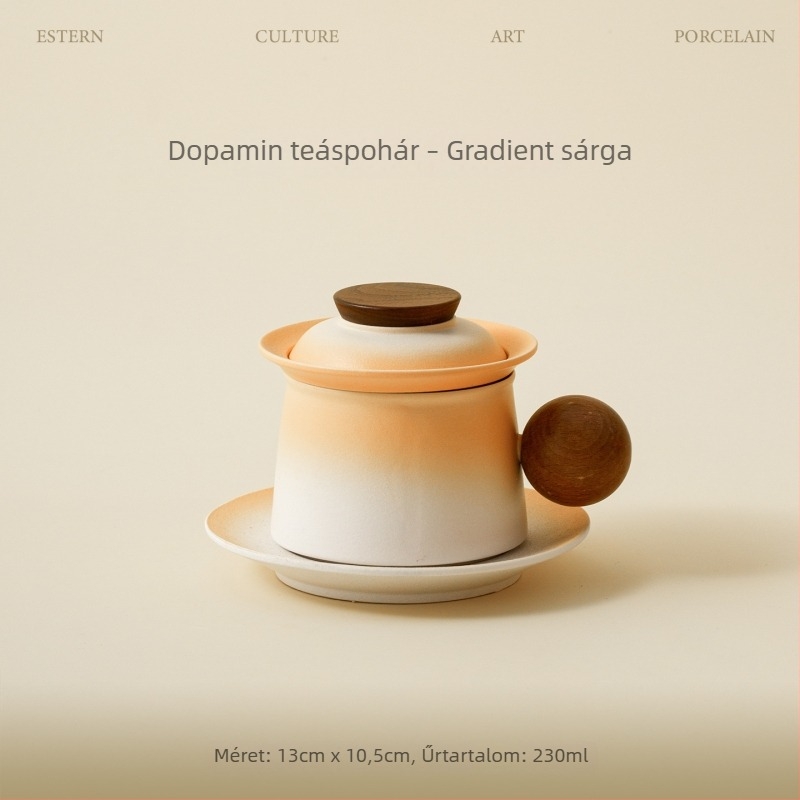 Rustikális porcelán tea- és kávéscsésze tetővel, fa fogantyúval és szűrővel – személyes használatra, prémium teához és kávéhoz