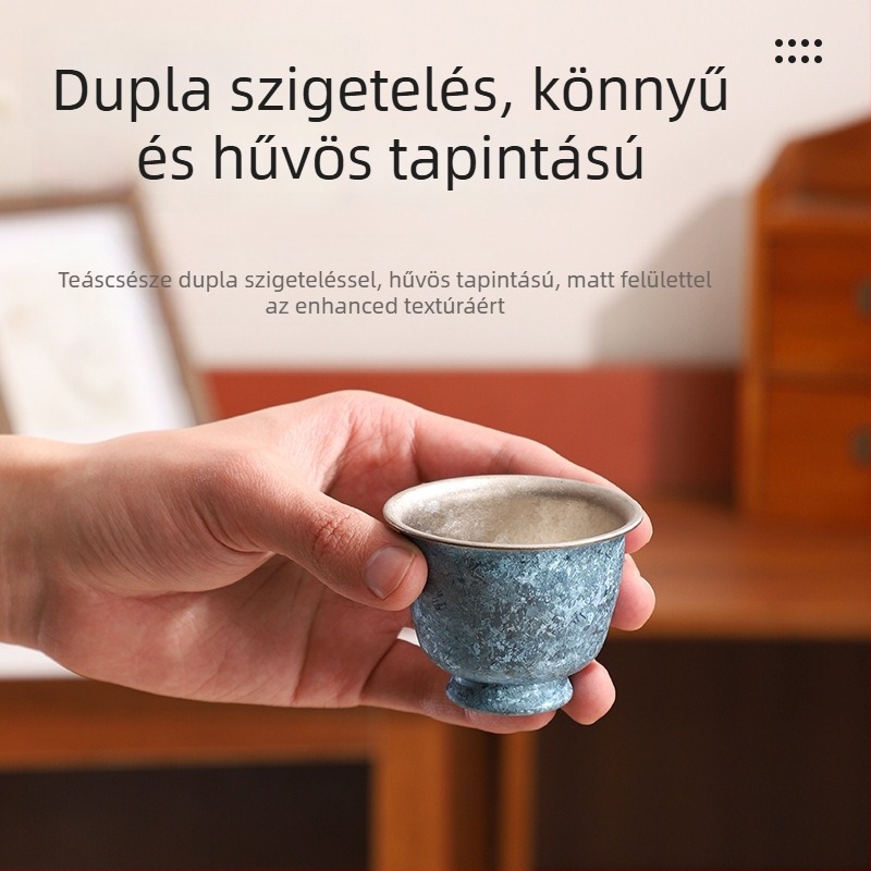 Dupla rétegű teáscsésze tiszta titániumból jégvirágos repedés mintával, hordozható kültéri teáskészlet, elegáns könnyű luxus teáskészlet ajándékba