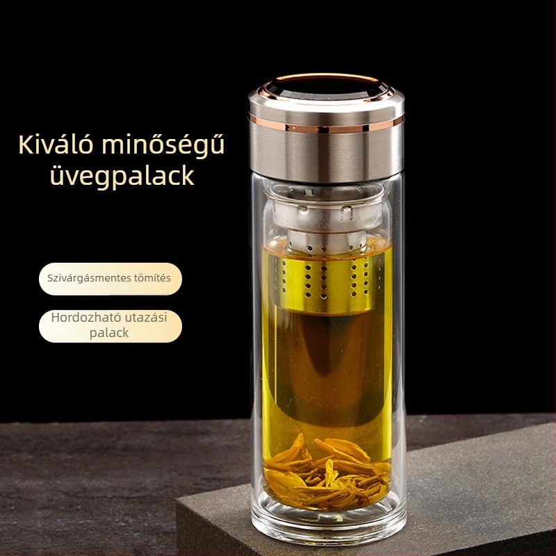 Boroszilikát üvegből készült dupla falú, szigetelt, átlátszó teás pohár, vastított kivitel, irodai ajándék