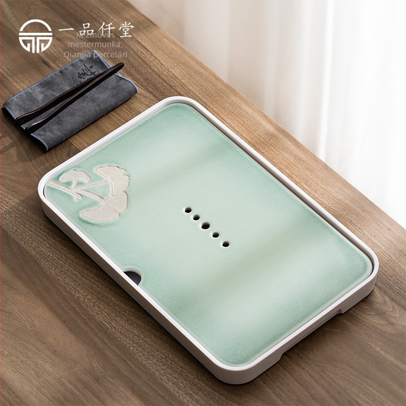 Japán stílusú celadon mázú teás tálca víztároló funkcióval, kerámia, kompakt teáskészlet, csepegtető tálca, ajándék