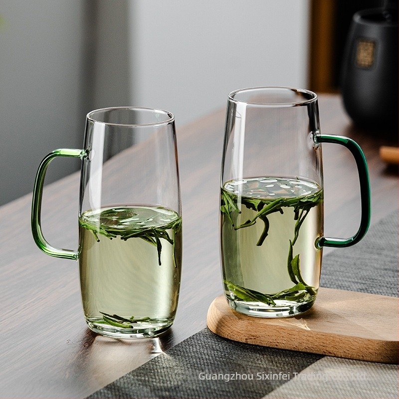 Fogantyús üveg teáscsésze, boroszilikát-üveg, hőálló, zöld teához, japán stílus.