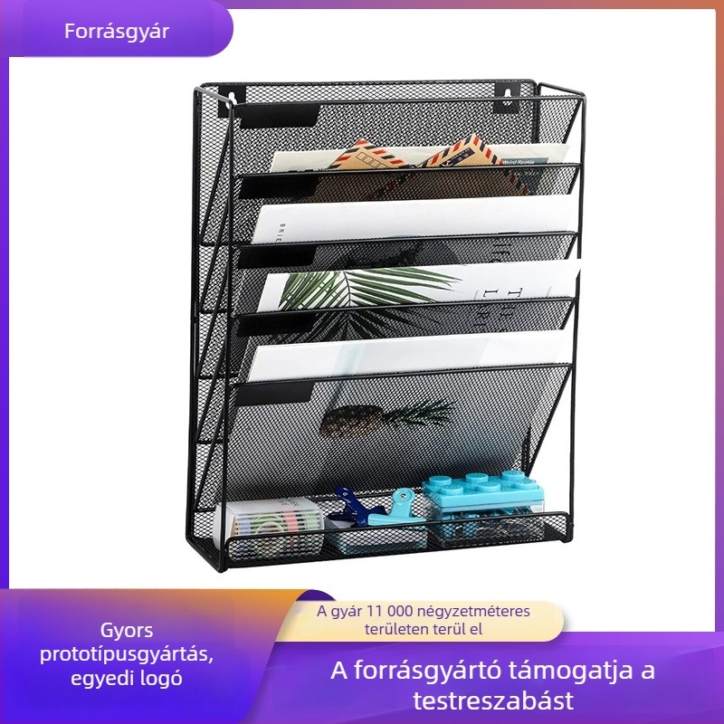 Fali szerelhető, fémből készült iratrendező állvány újság- és magazinmegjelenítéssel