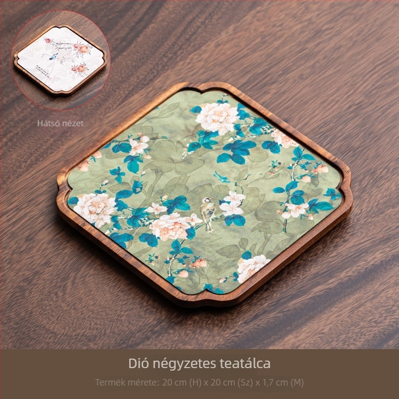 Diófából készült teás tálca, kis méretű, kétoldalas, teáskanna tartóval, kézzel készített, tömörfa