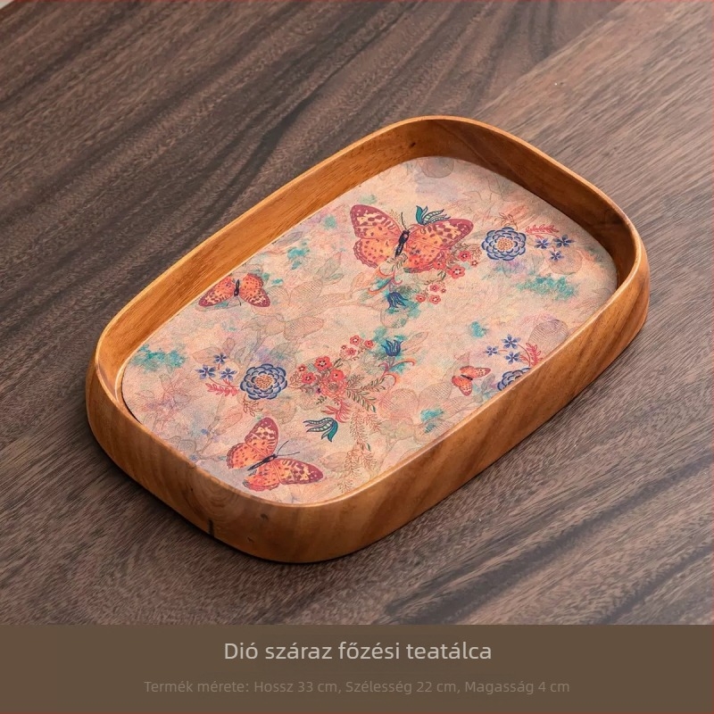 Diófából készült teás tálca, kis méretű, kétoldalas, teáskanna tartóval, kézzel készített, tömörfa