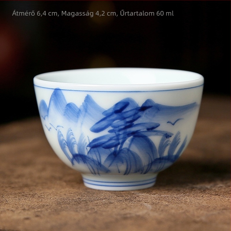 Kézzel festett tájképű kerámia teáscsésze, fehér porcelán, alglazúrral színezett, Gongfu teához