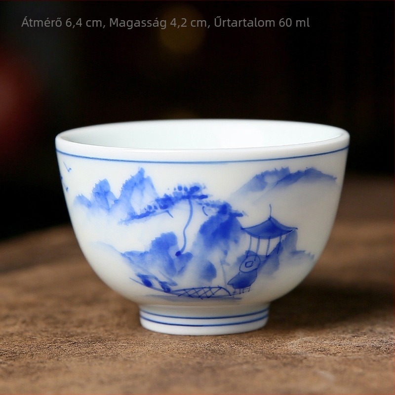 Kézzel festett tájképű kerámia teáscsésze, fehér porcelán, alglazúrral színezett, Gongfu teához