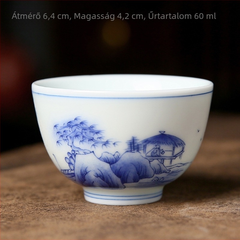 Kézzel festett tájképű kerámia teáscsésze, fehér porcelán, alglazúrral színezett, Gongfu teához