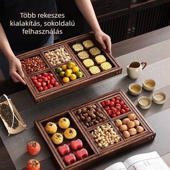 Bambuszból készült teás tál több rekesszel a tea elkészítéséhez, aszalt gyümölcsökhöz és délutáni nasikhoz, kínai stílusban