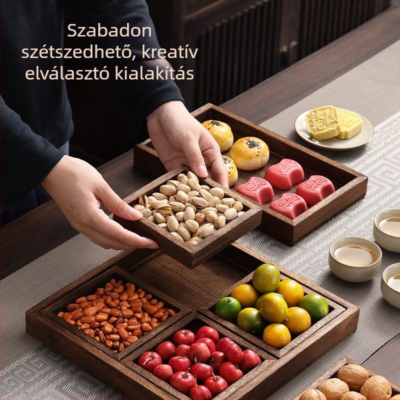 Bambuszból készült teás tál több rekesszel a tea elkészítéséhez, aszalt gyümölcsökhöz és délutáni nasikhoz, kínai stílusban
