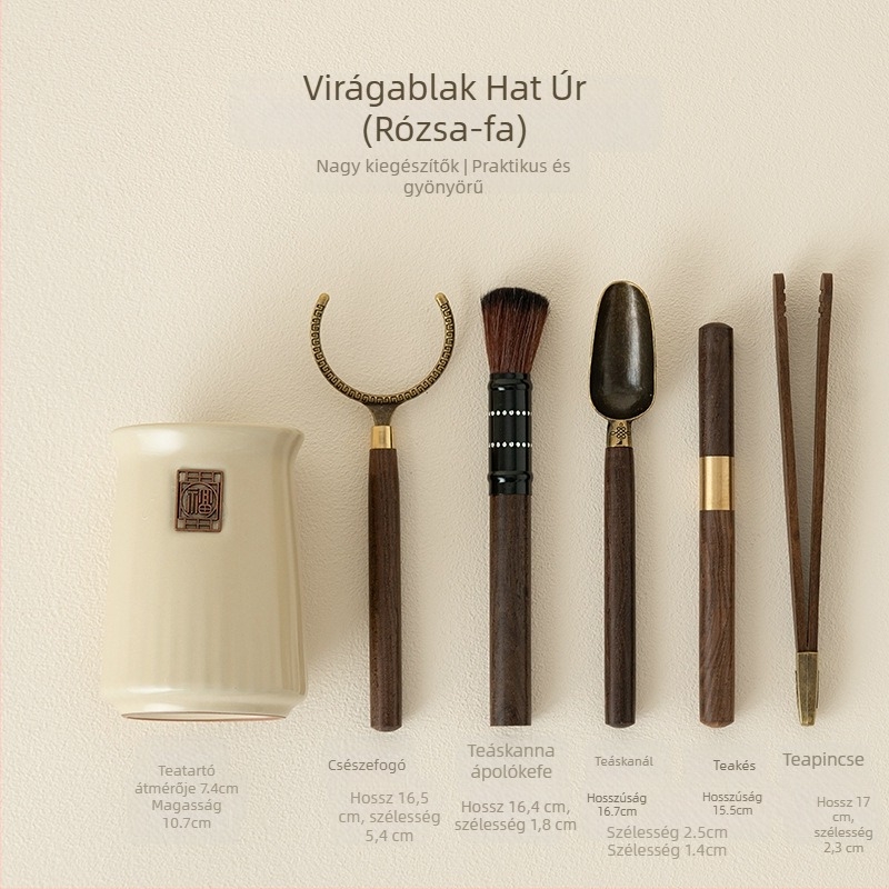 Prémium ebanfa teás készlet, hat bronz csészével, villákkal és teáskanalakkal a tea ceremóniához