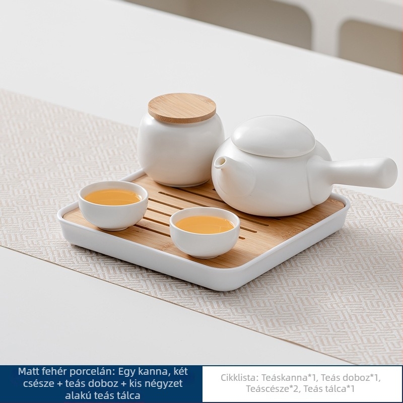 Japán stílusú porcelán teáskészlet teáskannával és bambusz teás tálcával, négy személyre, otthonra és utazáshoz