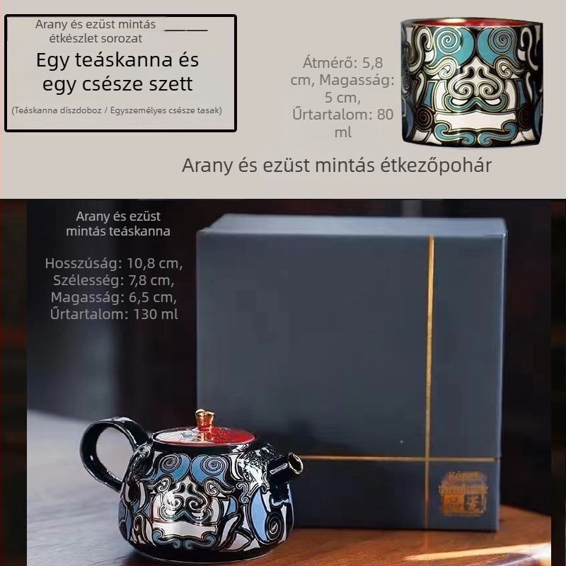 Kerámia teáskanna arany- és ezüst glazúrral, mitikus bestia motívummal, elegáns retro dizájn, kis méret, golyó alakú szűrővel