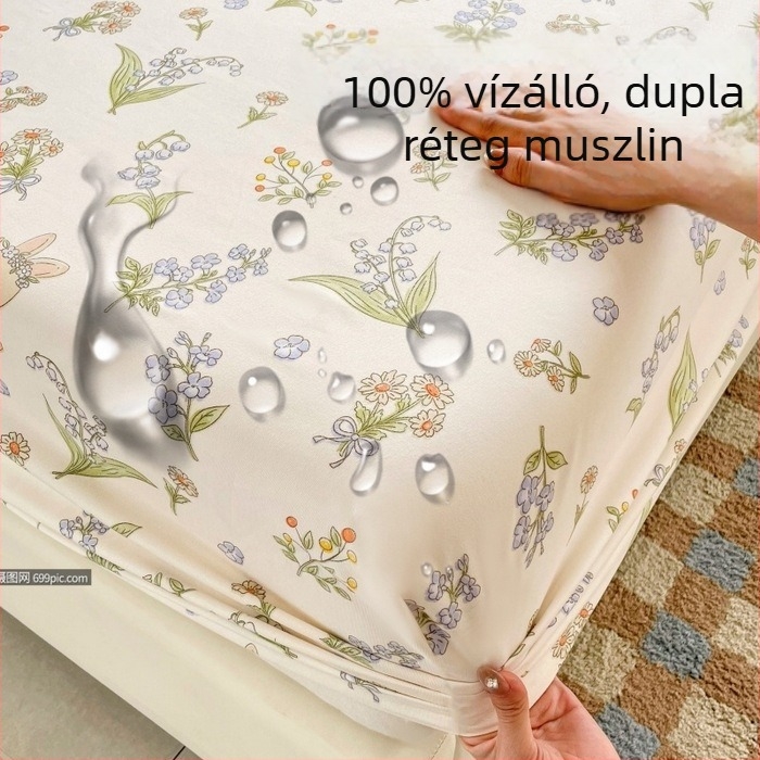 Nyomtatott, vízálló, kétrétegű géz lepedő gumírozott szélekkel, gépben mosható, egész éves használatra; mintázat: csillagfény ég és aranyos állatok; matracvédő