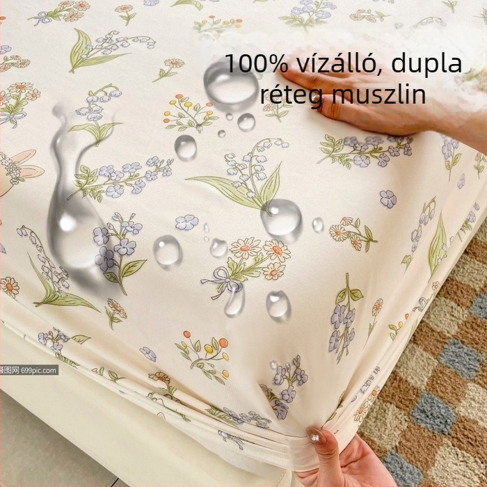 Nyomtatott, vízálló, kétrétegű géz lepedő gumírozott szélekkel, gépben mosható, egész éves használatra; mintázat: csillagfény ég és aranyos állatok; matracvédő