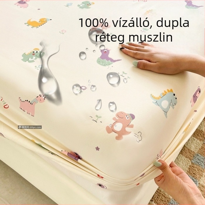 Nyomtatott, vízálló, kétrétegű géz lepedő gumírozott szélekkel, gépben mosható, egész éves használatra; mintázat: csillagfény ég és aranyos állatok; matracvédő