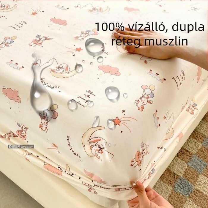 Nyomtatott, vízálló, kétrétegű géz lepedő gumírozott szélekkel, gépben mosható, egész éves használatra; mintázat: csillagfény ég és aranyos állatok; matracvédő