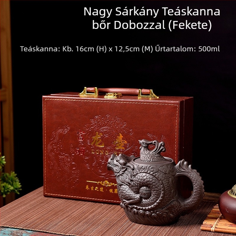 Kínai stílusú, nagy kapacitású lila agyag teáskanna sárkány- és Főnix motívummal, kung-fu teáskészlet