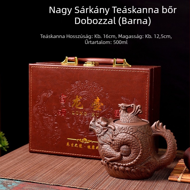 Kínai stílusú, nagy kapacitású lila agyag teáskanna sárkány- és Főnix motívummal, kung-fu teáskészlet
