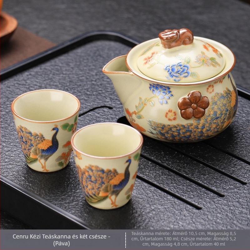 Ru Kiln kézben tartott teáskanna készlet fedő tál és két csészével – fehér porcelán